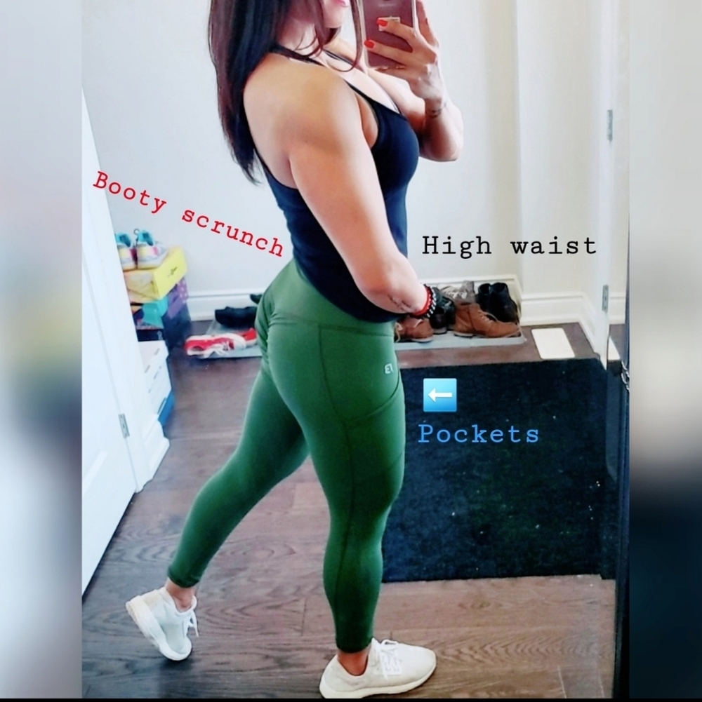 Olive Green Scrunch Butt High Waist Gym Leggings w/ Pockets Size Small